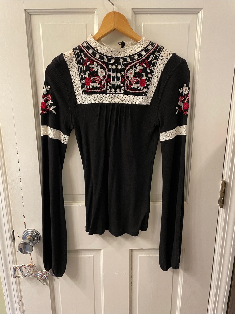 Free People Black Long-Sleeve Embroidered Yoke Top with White Lace